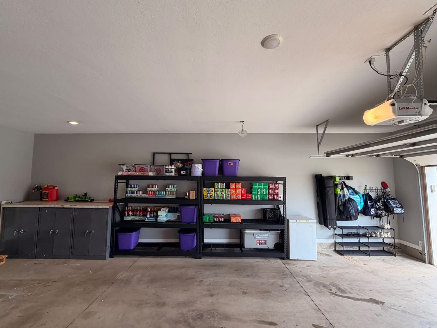 Finished garage with heavy-duty shelving, wall-mounted storage, and a clear floor